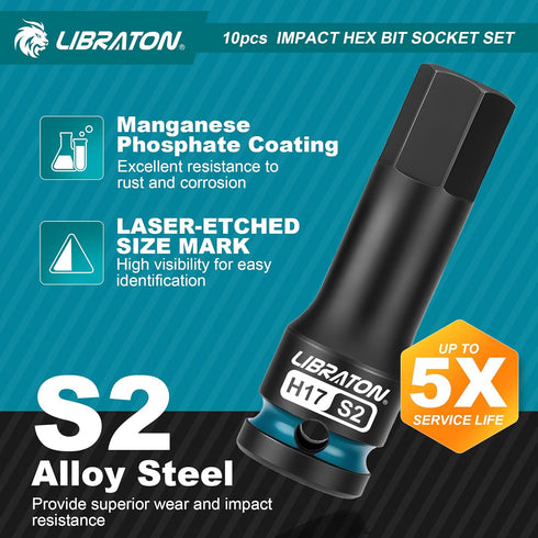 Set, 1/2" S2 10PCS H5-H19) LIBRATON Impact Hex Bit Socket Dr, Steel, High Torque Sockets(Metric for Professional