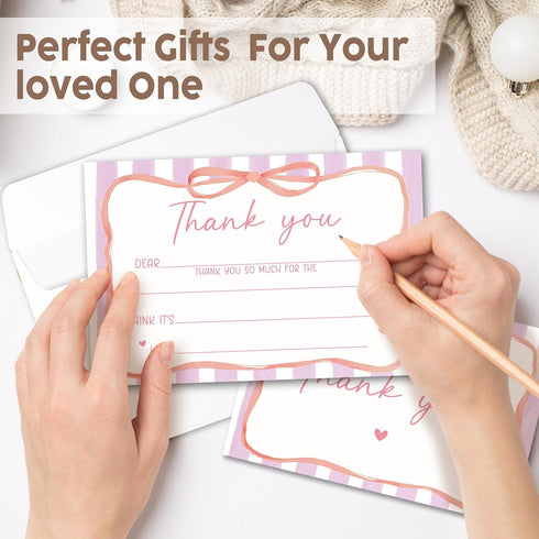 BWTRVL Set, B05 Kids Thank You Cards with Envelopes, Pink Ribbon Theme Fill in the Blank Thank You Notes for Kids