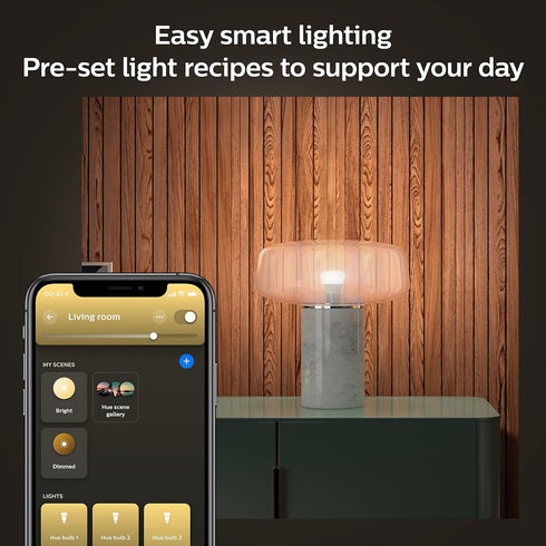 A19 Bulb, 2700K, E26 10.5W, 1100 Dimmable, 1 Pack Philips Hue Smart LED Warm White Light Base, Lumens, Works