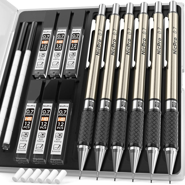 Nicpro 0.7 mm Art Mechanical Pencils Set - 6 PCS Metal Drafting Pencil with 0.7mm Tube HB Lead Refills