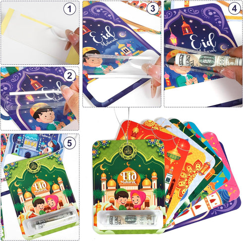 8 Sets HOWAF Eid Mubarak Money Holder Cards for Cash Gift, Muslim Ramadan Greeting Card with Plastic Cover and Adhesive