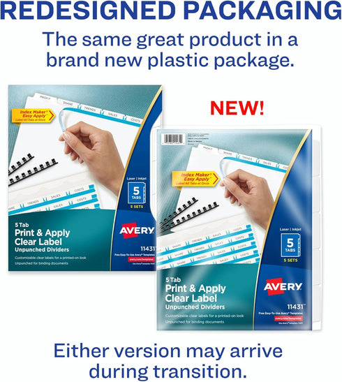 Avery 5 Tab Unpunched Dividers, Customizable White Tabs, Easy Print & Apply, 5 Sets