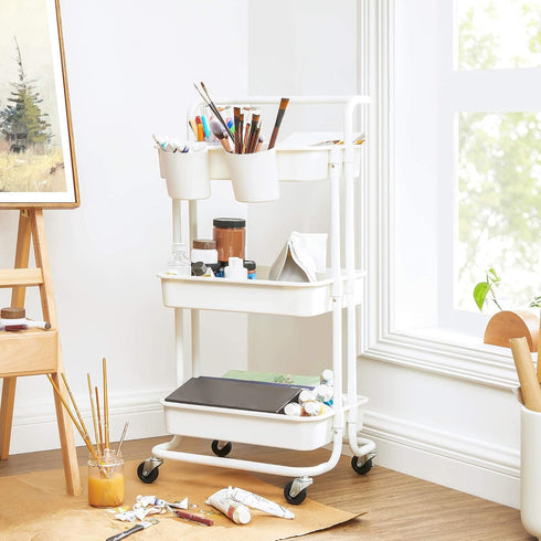 SONGMICS Rolling Cart, 3-Tier Storage Trolley with Handle, Utility Cart for Bathroom Laundry Room, White UBSC067W01