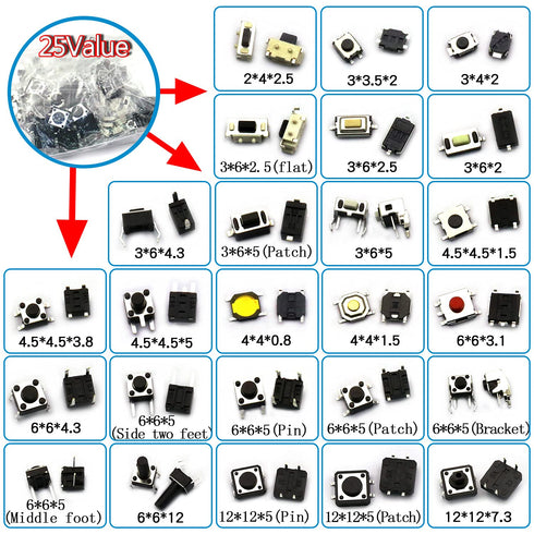 250pcs Tactile Push Button Switch SMD Micro Momentary Tact Switch Assortment Kit, 25 Values