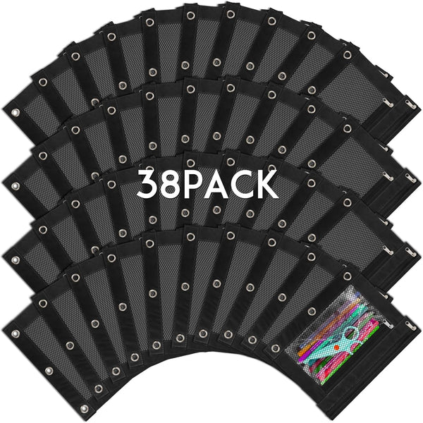IKAYAS 38 Pack Black Pencil Pouch for 3 Ring Binder, Bulk Pencil Case for Classroom Supplies