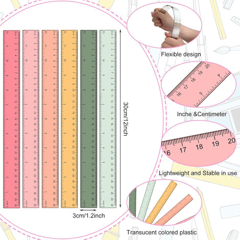 Panelee 306 Pcs 12 Inch Plastic Ruler, Colorful Transparent Ruler with Inches and Centimeters for School
