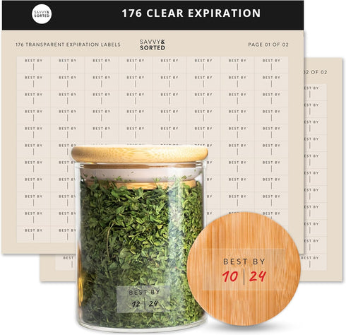 Clear Expiration Date Labels - 176 Waterproof Food Labels for Pantry Containers, Meal Prep Stickers