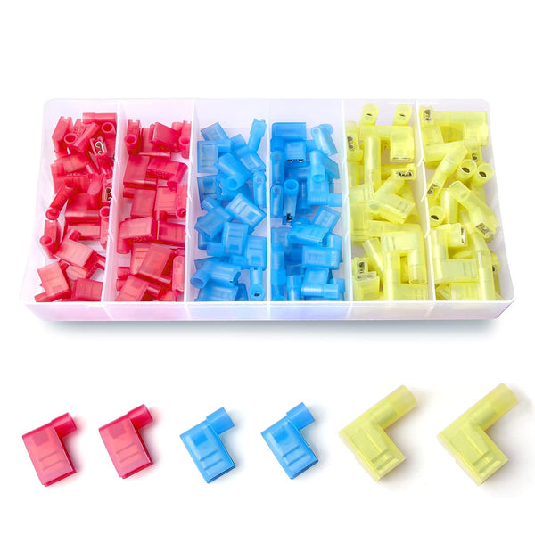 120PCS Nylon Insulated Flag Spade Quick Disconnects, 90 Degree Electrical Female Crimp Terminals AWG22-10