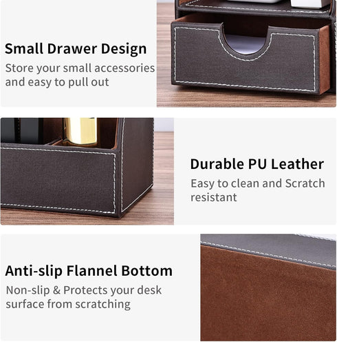 KINGFOM PU Leather Desk Organizer, Pen Pencil Holder Caddy Storage Box with Drawer, 6 Compartments (Brown)