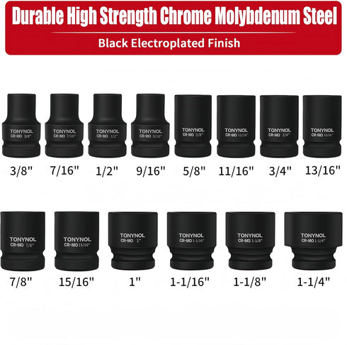 TONYNOL 1/2 Inch Set,6-Point,SAE(3/8" 1-1/4"),14 Shallow Drive Impact Socket to Pcs,Cr-Mo Steel,With a Storage Case