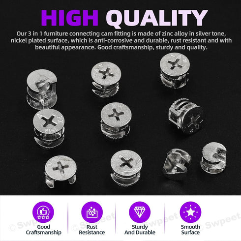Swpeet 100Pcs 4 Sizes Furniture Connecting Cam Lock Fittings Assortment Kit for Closets and Bed Furniture