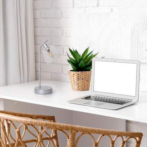 LD1080-SLV 16" Simple Designs Sleek Essentials Modern Industrial Metal Desk Lamp with Clear Glass Shade, for Office