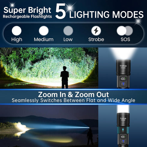 2 Pack, 5 TrixHub Rechargeable Flashlights Super Bright High Lumens Flash Light, Modes Zoomable Linternas with LCD
