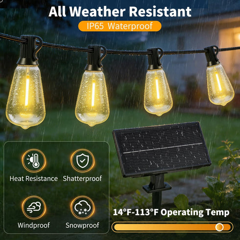 FUANXIEI ST38 33FT 10M Bulbs 3 Dimmable Solar Lights Outdoor Waterproof: Shatterproof Patio Lights - Solar Powered