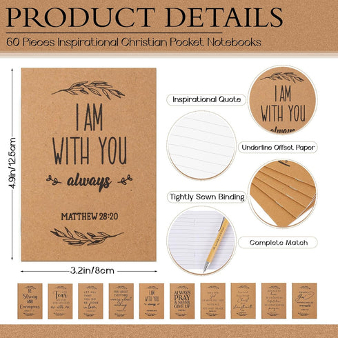 Jutom Set of 60 Christian Gift Bible Verse Retractable Bamboo Pens and Kraft Notebooks, Inspirational Notebooks