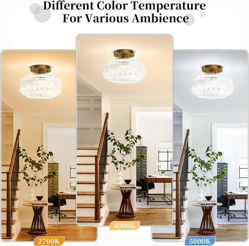 Bathroom,Bulb Industrial Semi Flush Mount Ceiling Light Fixture,Gold Globe Glass Hallway Lights Fixtures