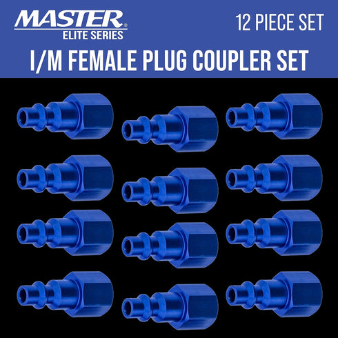 Master Elite Series 12 Piece Industrial I/M Type Plug Fittings Set with 1/4" NPT Female Threads - Attach to Quick-Connect Couplers, Air Hoses, Compressors, Pneumatic Air Tools, Spray Guns, Sanders by Master Airbrush