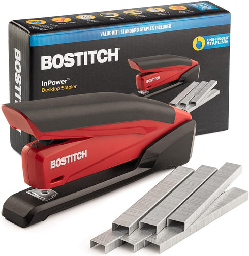 Bostitch Stapler with 1260 Staples, InPower Red Spring Powered Stapler with Built-in Staple Remover for Desk
