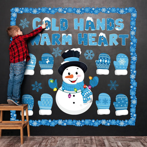 Faccito 70 Pcs Winter Snowman Bulletin Board Set, Blue Gloves and Snowflake Cutouts for Christmas Classroom Decor