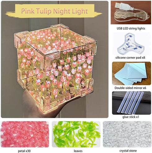 Gutsyluv 30 2-in-1,USB Flowers DIY Tulip Cube Mirror Lamp,Tulip Flower Table Lamp & Mirror Tulip Mirror Night Lights