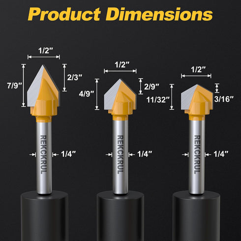 3 60/90/120-Degree 1/4" 1/2" Pcs V Groove Router Bits, Shank, Cutting Diameter, Carbide Tip Woodworking CNC Engraving