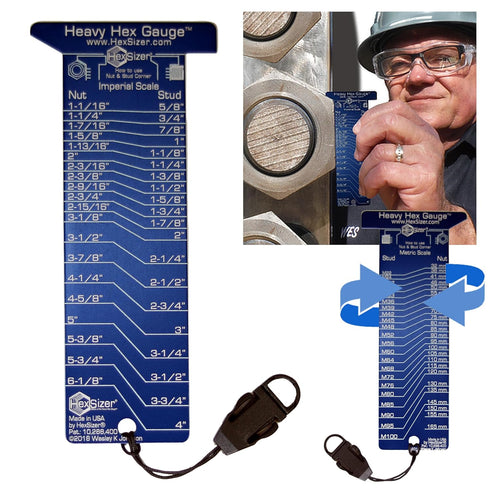 Heavy Hex Gauge Pocket Tool for Nut & Bolt Size Measurement, High Temp, Durable Metal, Laser Engraved