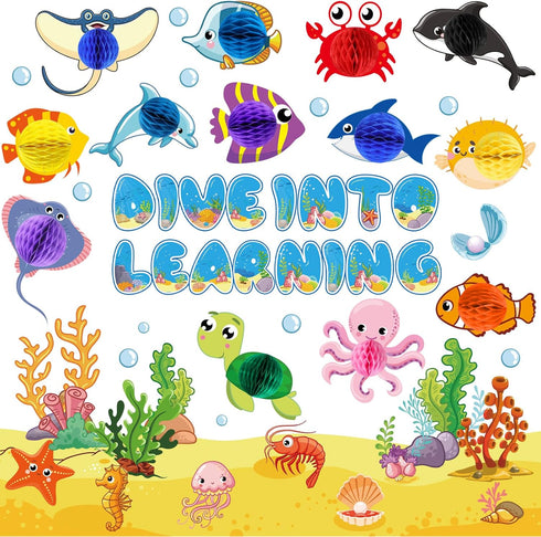 Ocean Fish Bulletin Board Classroom Decorations, Under The Sea Set, Sea Animal Life Paper Cutouts for Tropical Theme