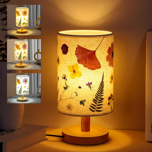 WSYEAR Pressed Flowers Bedside Lamp, Charming Floral Table Lamp with Wood Base for Bedroom
