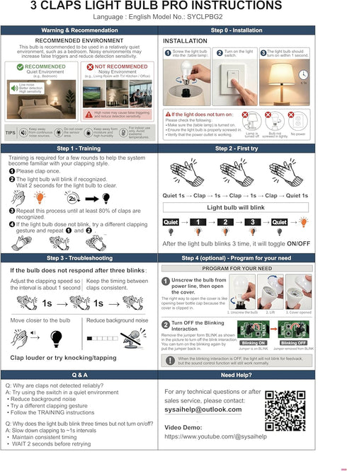 SYSAI 3 E26 Claps Light Pro, Sound Activation on/Off, Clap Detection, Smart Home, can be Used for Bedroom Desk lamp