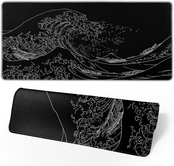 Japanese Sea Wave Large Mouse Pad, Anime Black Gaming Desk Pad, 3mm Thick Non-Slip Rubber Base, 31.5 x 11.8 Inch