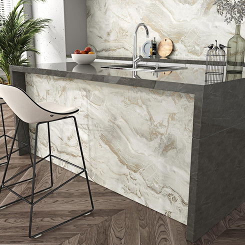 Grey/Gold Marble Contact Paper for Desk Top, Waterproof Peel and Stick Wallpaper for Kitchen Cabinets 15.8x78.7 Inch