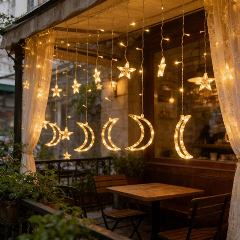 138 8.2 8 Dazzle Bright Ramadan Curtain String Lights, LED FT Warm White Star Moon Window Lights with Timer