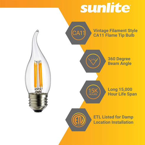 41519 CA11 Bulb, 4 (40W E26 Dimmable, 6 Pack 1800K Sunlite LED Filament Flame Tip Chandelier Light Watts Equivalent)