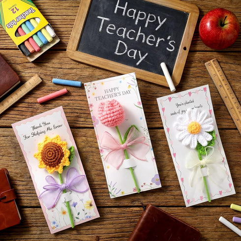 6 Set 5.91" Frienda Teacher Appreciation Gifts Crochet Flowers with Greeting Cards and Bows Knitted Sunflowers Daisy