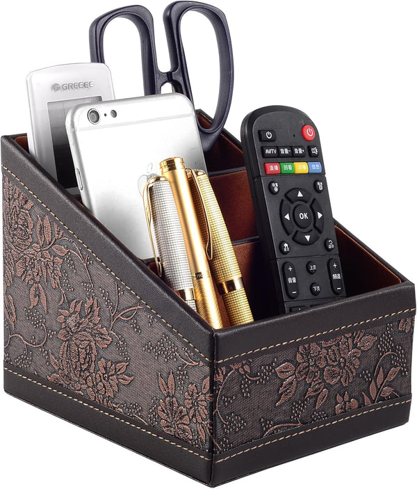 PU Leather TV Remote Control Holder with 3 Compartments, Nightstand Caddy Organizer, Storage Box for Media Accessories