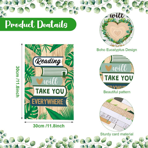 Zonon 45 PCS Eucalyptus Reading Bulletin Board Poster, Boho Greenery Motivational Prints for Teachers