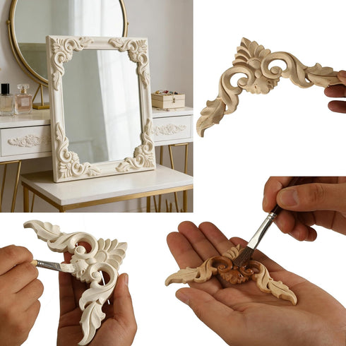 Nsrisml 5Pcs (12x12cm/4.72"x4.72") Wood Carved AppliquesOnlays Unpainted Wooden Corner Carving Decals for Mirrors