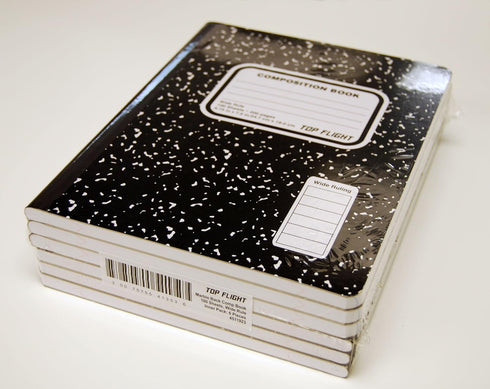 Top Flight Sewn Marble Composition Book, Black/White, Wide Rule, 9.75 x 7.5 Inches, 100 Sheets, Pack of SIX Comp Books (41353-6)