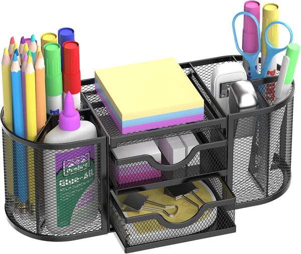 SUPEASY Mesh Desk Organizer with Drawers, Pen Holder for Office Supplies, Black