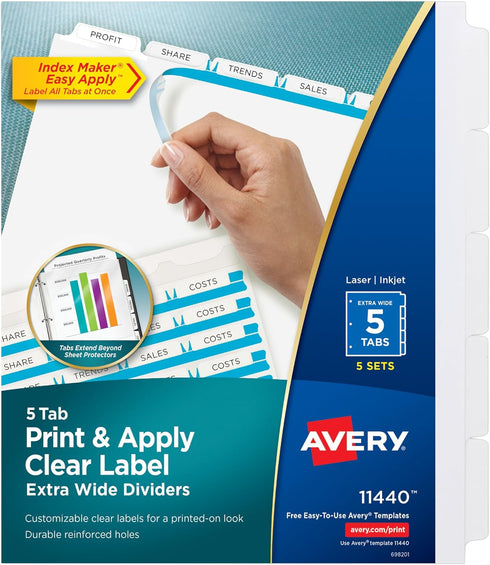 Avery 5-Tab Extra Wide Binder Dividers, White, Easy Print & Apply Clear Label Strip, 5 Sets (11440)