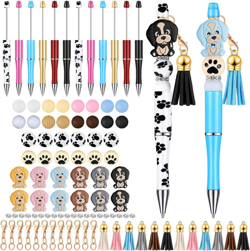 Teling 12 Pcs Plastic Beadable Black Ink Ballpoint Pens with Assorted Spacer Beads, Tassels, and Lobster Clasps for DIY