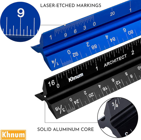 Khnum 12-Inch Set Architectural and Engineering Scale Ruler (Imperial) | Laser-Etched Aluminum Triangular Drafting Tool