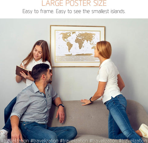 Scratch Off World Map with 196 Country Flags, 24" x 17" Frameable Travel Map, White