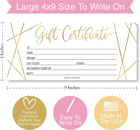 Hadley Designs 25 Gold Geo Blank Gift Certificates for Small Business, Elegant Paper Voucher for DIY Coupon Cards, 4x9"