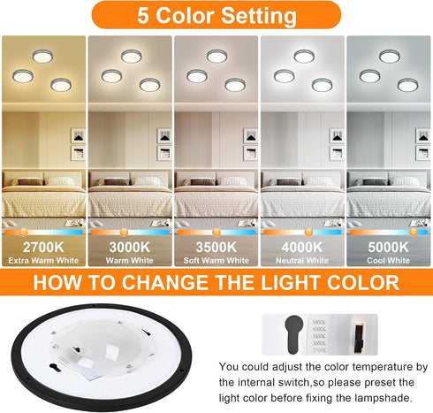7.5 Inch 7.5 2700K/3000K/3500K/4000K/5000K 12W Round Black Ceiling Light Fixture for Living Room - Black LED Flush