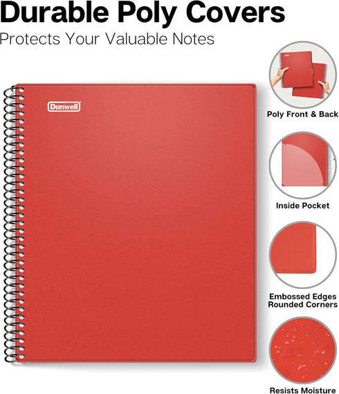 Dunwell 5-Subject College Ruled Notebook, 8.5x11 (Red), 200 Sheets (400 Pages), Spiral with Tabs and Pockets