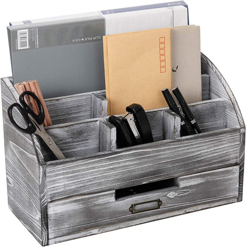 VERGOODR Rustic Wooden Office Desk Organizer, 5 Compartment with 2 Drawers, Grey White Storage Box for Pens Notebooks