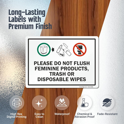 (Pack 4) 5 x7 inch 5 SmartSign of Please Do Not Flush Feminine Products, Trash Or Disposable Wipes Labels with Symbols