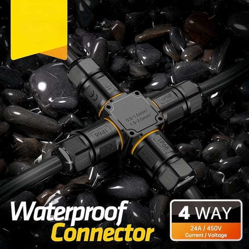 IP68 Waterproof Cable Connector, 4 Way Junction Box for Outdoor, Screwless 3 Pins Electrical Cable Protector