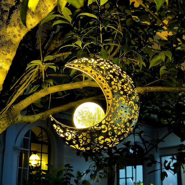 Solar Garden Hanging Moon Lights Outdoor Decor,Metal Lanterns Art Decorations for Outside